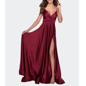 La Femme Wine Empire Waist Elegant Satin Gown Size 8